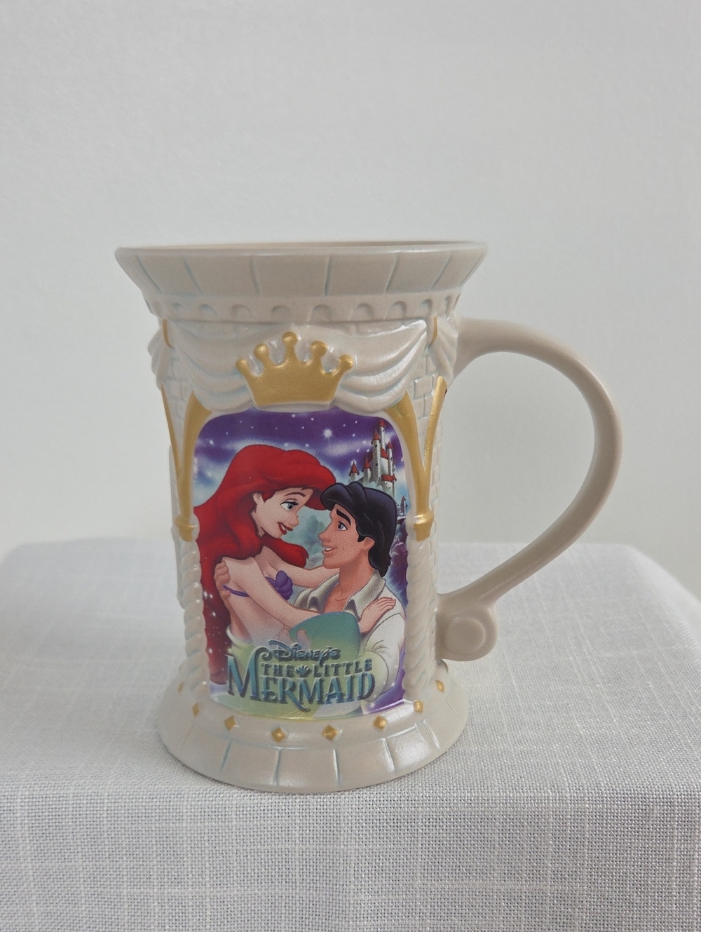 Vintage Disney The Little Mermaid Beige and Gold Decorative Ceramic Mug 5In